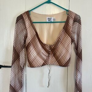 Princess Polly Brown Plaid Ruched Long-Sleeve Crop Top